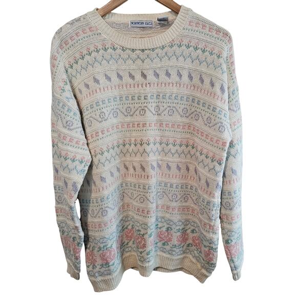 Vintage Northern Isles Sweater Mens Large White 90s Spring Cosby Cottage Preppy - Picture 1 of 9